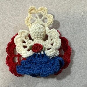 vintage Handcrafted Crochet Angel Ornament - Red, Blue, and Cream brooch pin